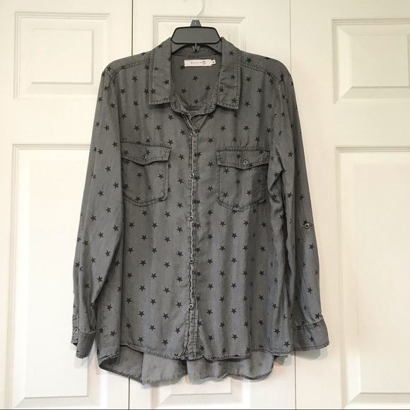 Billy T Tops - Billy T black and gray Star printed long sleeve button down